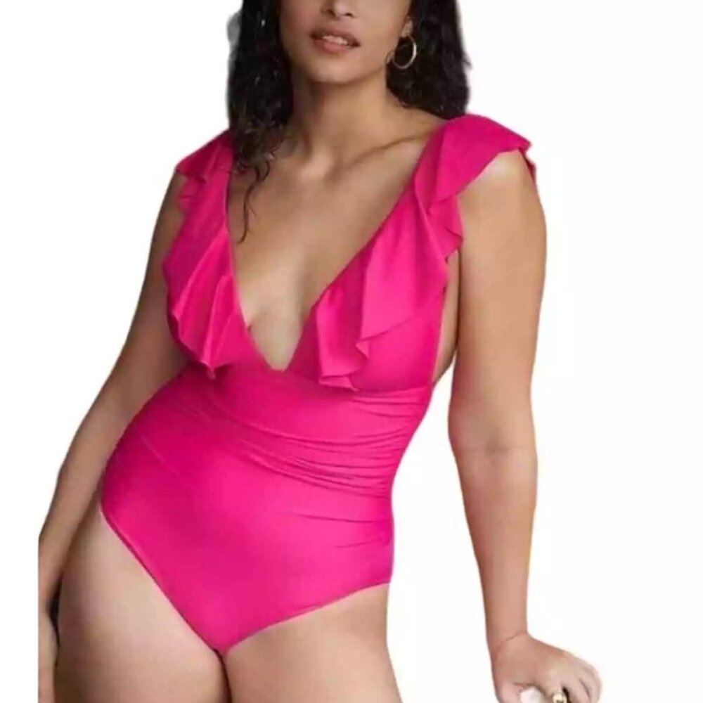 J. Crew One Piece Swimsuit SIze 12 Ruched V Neck Ruffled‎ Hot Pink Fuchsia New